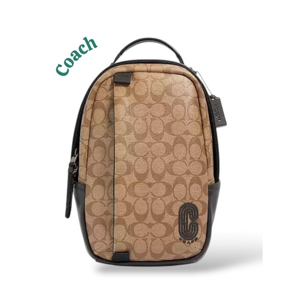 Coach Signature Jacquard Leather Trimmed Academy Sling Backpack Crossbody Bag - Picture 1 of 14